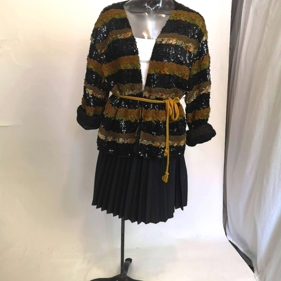 80s oversized silk striped sequins embroidered black collarless jacket - Picture 9 of 12